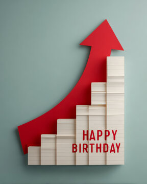 Office birthday greeting card with red launch ramp and upward staircase design