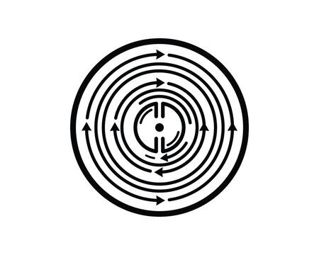 Black and white cyclotron spiral line art vector illustration showing rotational flow. Circular pattern with arrows.