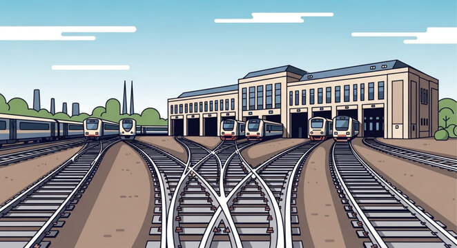 Modern train station with multiple tracks and buildings.