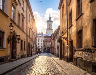 Obraz premium A historic cobblestone street with old buildings and a tower