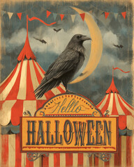 Obraz premium Painted Halloween card with raven on crescent moon in dark night sky