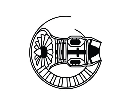 Black and white graphic displaying a jet engine's inner workings, including fan and turbine.