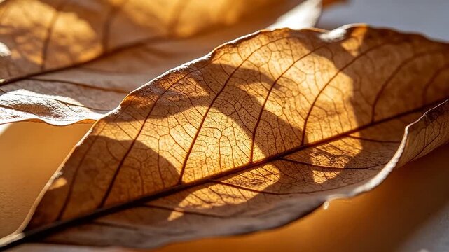 Dry autumn leaves with visible veins and warm sunlight