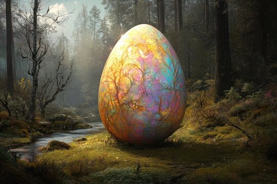 Giant iridescent egg glowing on a mossy forest clearing beside a slow stream, surrounded by tall trees and misty sunlight, evoking a mysterious magical sense of wonder and calm