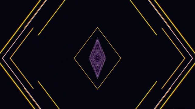 An abstract geometric composition with a futuristic or synthwave style. In the center is a purple diamond shape with a fine, vertical striped texture.