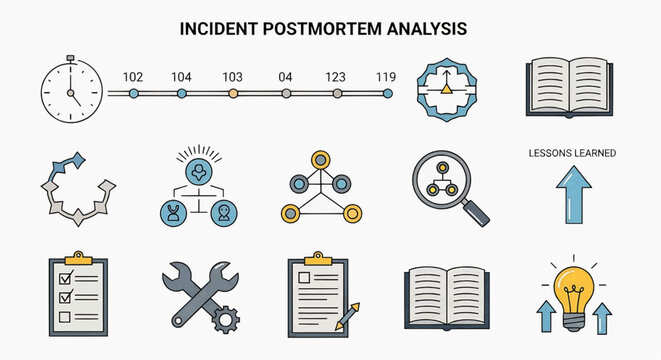 Incident postmortem analysis with tools and documents on a desk