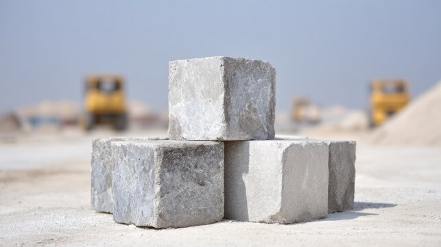 Stacked concrete cubes on a surface with construction equipment background