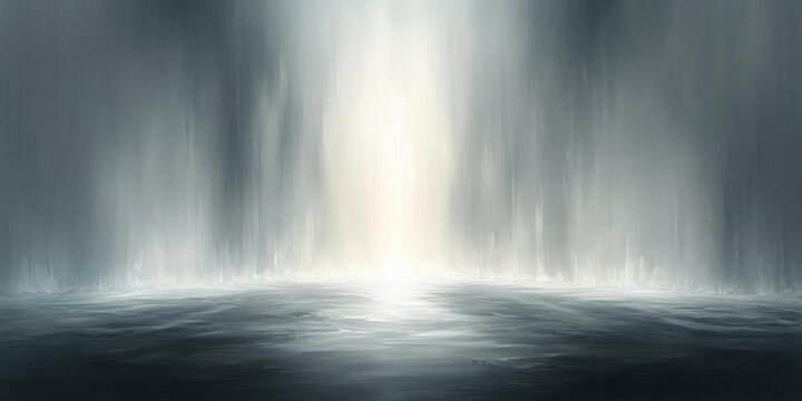 calm reflective sea surface under a towering veil of light and mist, serene and mysterious atmosphere
