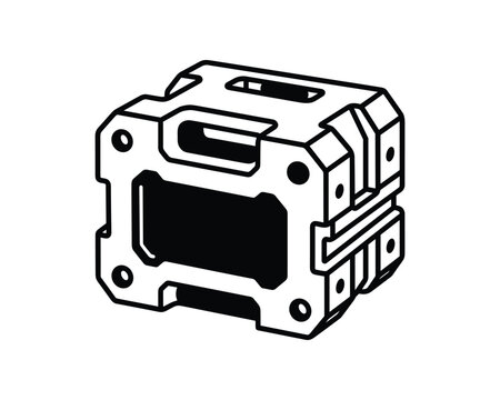 Black and white line art illustration of a technical buoyancy module with intricate details.
