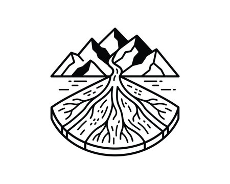 Black and white line art illustration of mountains and a river forming an alluvial fan deposit.