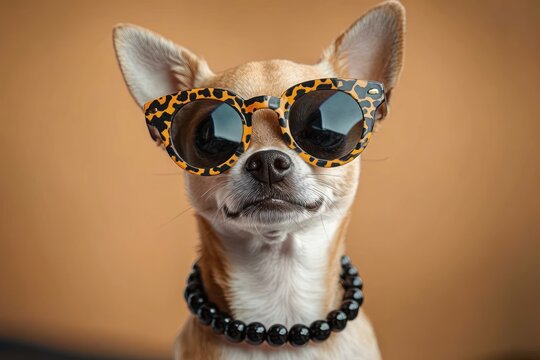small dog with face partially obscured by blur, visible upright ears, wearing leopard-print sunglasses and a glossy black beaded necklace, posing playful and confident against warm tan background