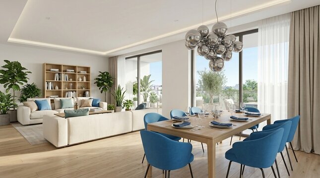 Modern luxury open plan living and dining room interior featuring bright windows and blue furniture