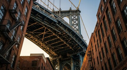 Naklejka premium Massive steel bridge structure framed by historic red brick industrial buildings under warm golden hour sunlight