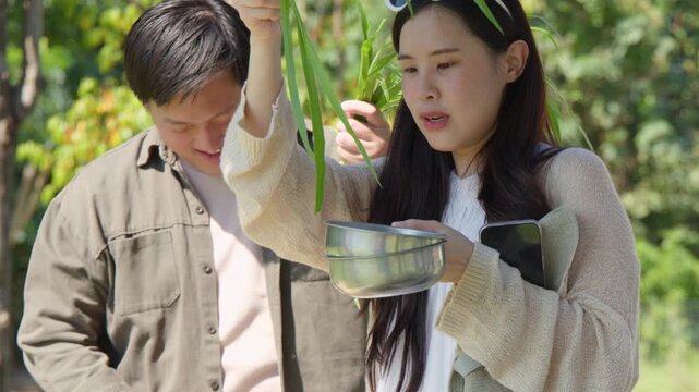 Asian Couple Feeding Animals with Fresh Grass at a Petting Zoo
