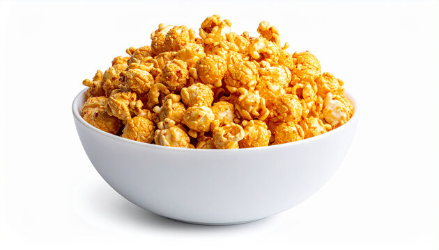 A white bowl filled with delicious spicy cheese flavored popcorn on a white background