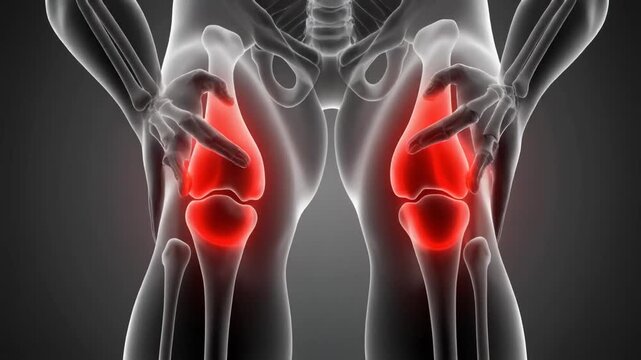Anatomical illustration of the human knee joints highlighted in red, signifying pain or inflammation