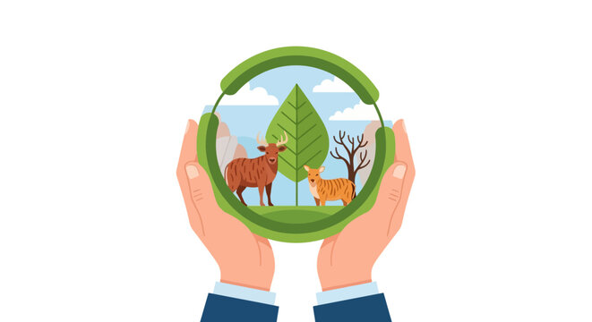 Hands protect a green circle with deer and fox in a natural setting, emphasizing crucial environmental protection and wildlife conservation for a sustainable future