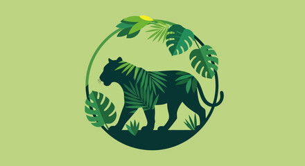 Fototapeta premium Nature's Majesty A Silhouette of a Panther Amidst Lush Tropical Leaves