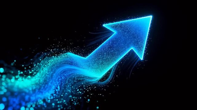Glowing blue arrow with swirling fluid particles on black background