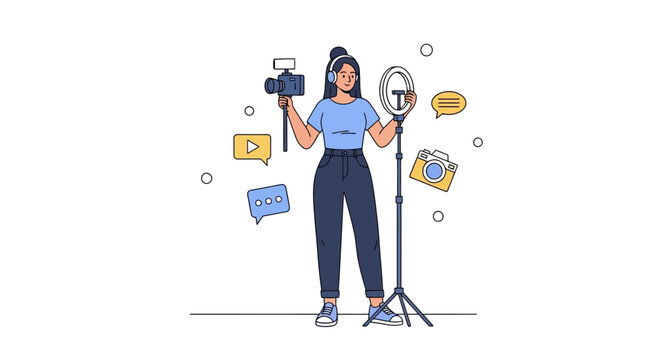 Vlogger with Camera and Ring Light Creating Content