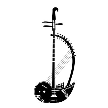 Black and white illustration of a traditional stringed musical instrument, possibly a kamancheh or rebab, isolated on a white background.