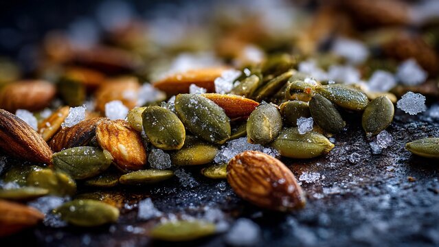 Gourmet roasted pumpkin seeds and almonds seasoned with coarse sea salt crystals on dark background