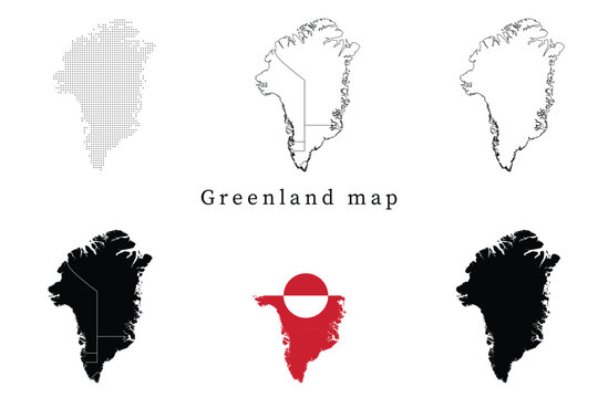 Set of Greenland map silhouettes featuring administrative regions, dotted patterns, line art outlines, and the national flag version.
