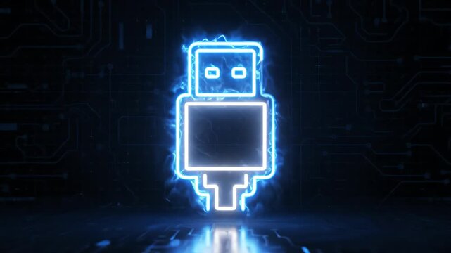 A futuristic blue robot with glowing lines stands in a dark room with circuit patterns creating a Video Animation effect.