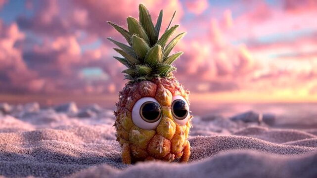 Cartoon pineapple character on sandy beach at sunset