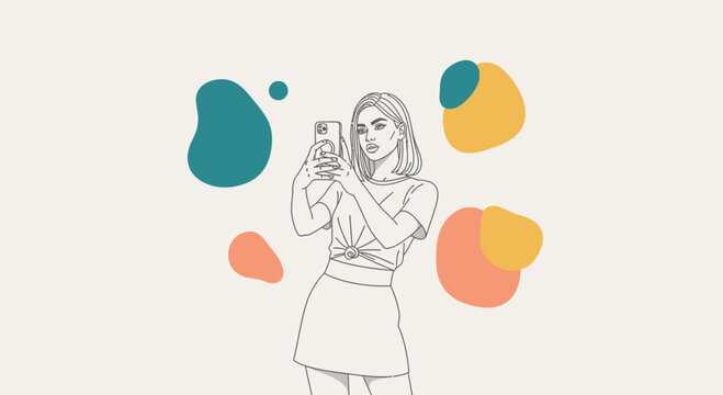 Woman taking a selfie with abstract colorful shapes, minimalist line art illustration