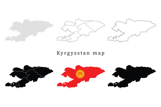 Detailed set of Kyrgyzstan map silhouettes featuring administrative regions, dotted patterns, line art outlines, and the national flag version.