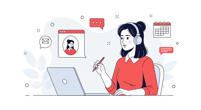 Woman with headset working on laptop, online communication, customer support, remote work