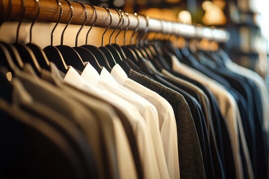 Neatly hung white shirts and dark jackets on wooden hangers along a clothing rack, warm glowing light creating an elegant, organized boutique atmosphere