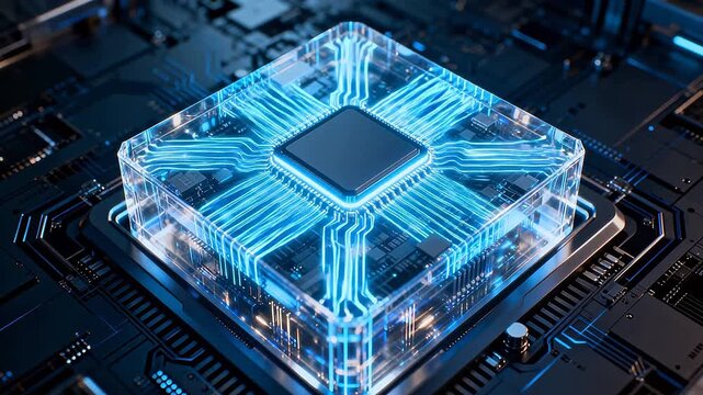 Transparent cube encapsulating central chip with blue circuit lines on board