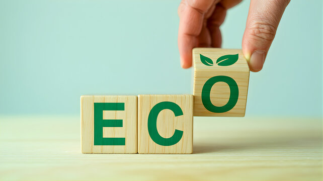 Wooden blocks with the letters E, C, and O, one with a green leaf symbol, symbolizing eco-friendliness and environmental care, with a hand placing the final block