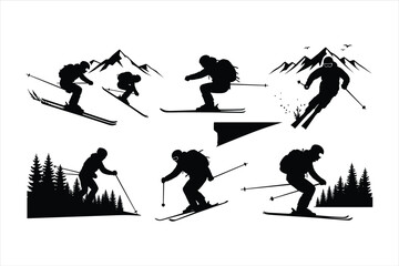 Fototapeta premium Skiing silhouettes, skiing icons, ski graphics, black ski illustrations, winter sports