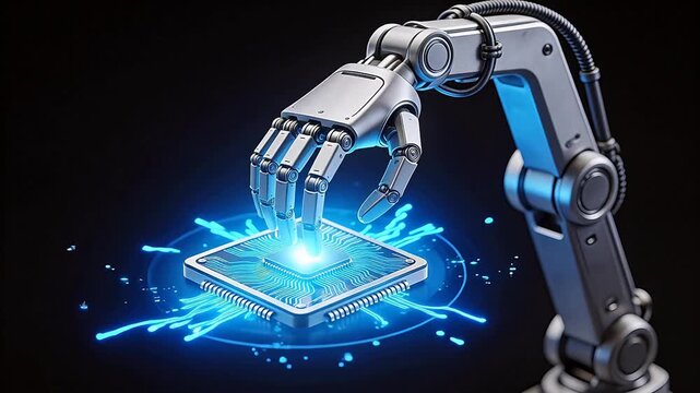 Robot arm interacting with a glowing microchip