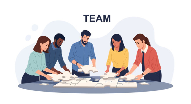 Diverse team assembling jigsaw puzzle, symbolizing collaboration and problem-solving