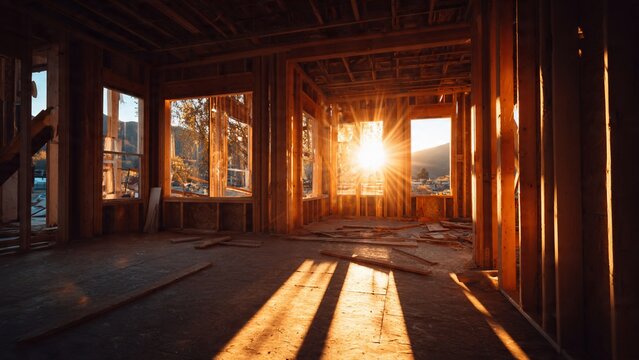 Sunlight streams through wooden wall studs of a residential house under construction during golden hour