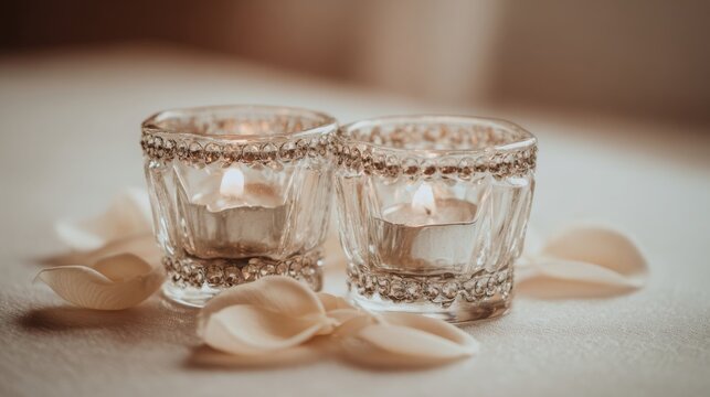 Delicate glass wedding candle holders with glowing flames, adorned with sparkling details, create a romantic atmosphere.