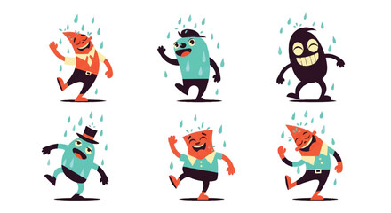 Naklejka premium Cartoon characters dancing in the rain illustration