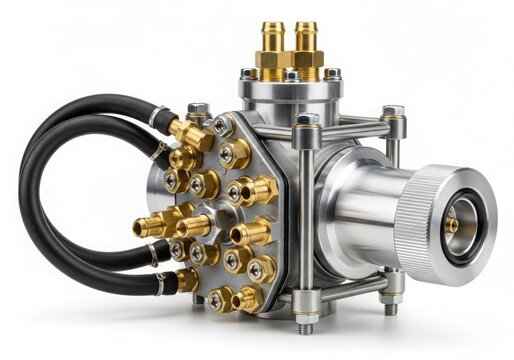 Close-up view of a complex mechanical device with multiple connectors and cables isolated on white background