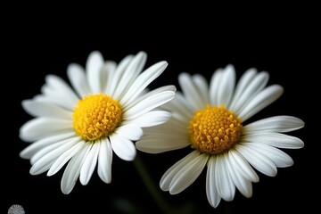 Fototapeta premium Two white daisies with bright yellow centers on a black background, delicate and serene close-up