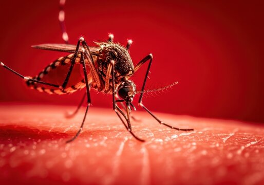 Close-up of mosquito biting human skin on red background with dramatic lighting