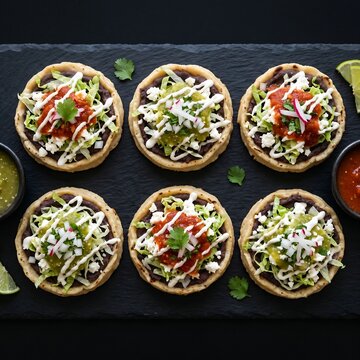mini sopes with toppings like beans, cheese, lettuce, and salsa on black background. Traditional Mexican snack concept with fresh elements.