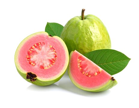 Fresh pink guava composition on a white background: Healthy and delicious fruits
