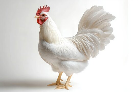majestic proud white rooster with vivid red comb and wattles, fanned tail feathers and yellow legs standing alert on a clean neutral background