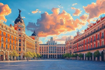 Fototapeta premium sunlit european city square framed by ornate historic buildings and a decorative tower beneath dramatic orange clouds, peaceful golden-hour mood
