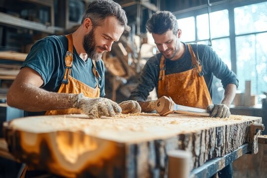 two focused woodworkers in orange aprons carving a large raw wood slab with mallet and chisels in a sunlit workshop surrounded by wood shavings and tools