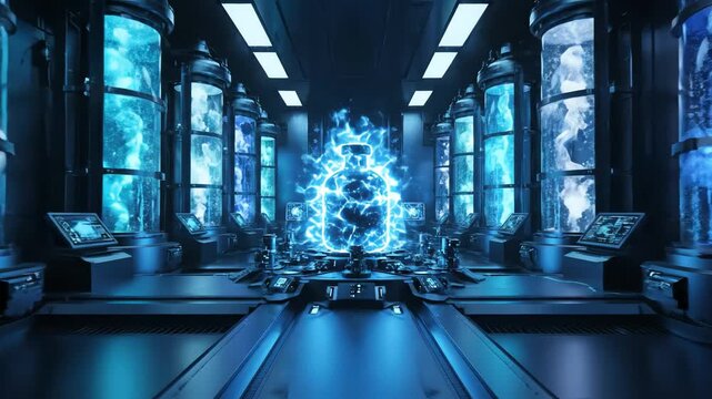 Futuristic Animation Video shows a sleek laboratory interior with blue glowing orbs and futuristic computer stations arranged symmetrically around a central glowing blue structure.